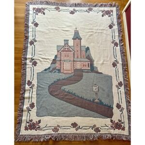 Victorian Home Tapestry Throw Blanket Fringe Pink Blue Vintage 100% Cotton 47x64